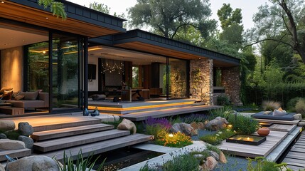 Modern home with wooden deck and stone steps leading to a lush garden.