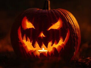 Close-up of a carved Halloween pumpkin with a menacing face illuminated by candlelight.