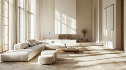 Fototapeta premium Scandinavian living room with family area, hanging fireplace, wood parquet flooring, 
