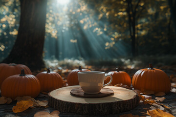 A cup of tea stands on a stump in an autumn forest. Cozy fall background with tea. 