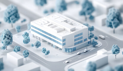 A detailed architectural model of a hospital building, highlighting modern design elements and intricate details with visible blueprints on the floor plan.