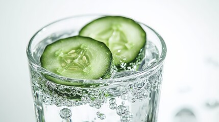 Refreshing glass of sparkling water with cucumber slices. Perfect for promoting health, hydration, and natural detox drinks.