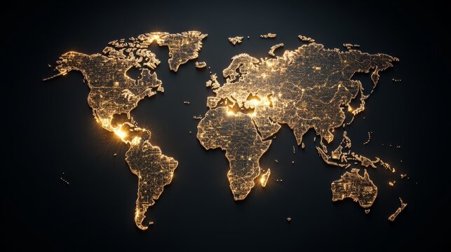 Fototapeta A beautiful illuminated world map showcasing cities and regions with glowing lights on a dark background, symbolizing connectivity.