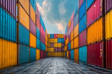Fototapeta premium Cargo containers in the storage area of freight sea port terminal