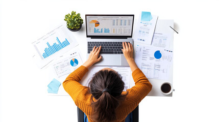 A manager sitting at a desk, reviewing financial reports and performance metrics on a laptop. The desk is organized with documents, charts, and a cup of coffee, highlighting the analytical and decisio