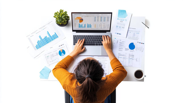 A manager sitting at a desk, reviewing financial reports and performance metrics on a laptop. The desk is organized with documents, charts, and a cup of coffee, highlighting the analytical and decisio