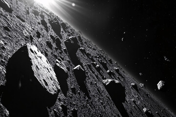 A dramatic black and white depiction of asteroids floating in space with intense light in the background, creating a cosmic scene