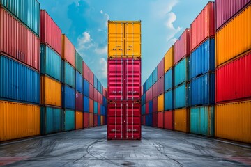 Fototapeta premium Cargo containers in the storage area of freight sea port terminal