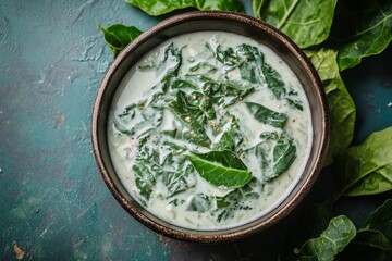 Obraz premium Cassava Leaves, Young cassava leaves cooked in coconut milk with a blend of spices, creating a creamy and flavorful vegetable dish.