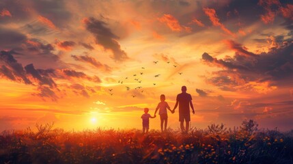 Fototapeta premium Silhouetted Family Holding Hands at Sunset with Birds Flying Overhead