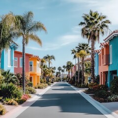 Fototapeta premium street with colorful houses and palm trees. The houses are painted in different bright colors.