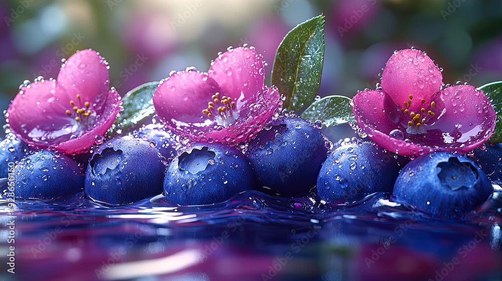 Wall mural Blueberries and pink flowers covered in droplets of water, with leaves adding a natural touch