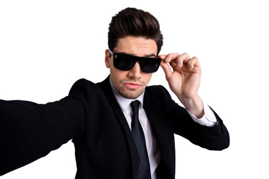Close up photo amazing he him his macho handsome make take selfies chief expression pretend men in black character funny funky wear specs shirt suit jacket tie formalwear isolated grey background