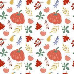 Bright autumn elements's seamless pattern in cartoon style. Vector illustration.Great for fabrics, wrapping papers, wallpapers, covers. Autumn farming garden theme.Pumpkin texture. 