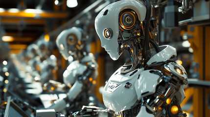 Fototapeta premium AI-Enhanced Automated Assembly Line Producing Advanced Robotics with Precision and Efficiency in a High-Tech Manufacturing Environment