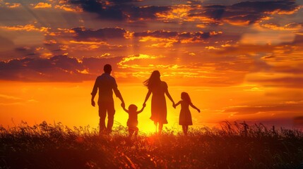 Fototapeta premium Silhouetted Family Holding Hands at Sunset