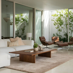 Fototapeta premium Terra cotta armchairs near white sofa with cushions in room. Mid-century style home interior design of modern living room in house. 