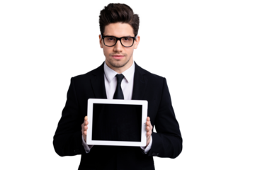 Portrait of his he nice classy attractive guy demonstrating holding in hands black display digital technology recommend executive leader expert development isolated over light gray background