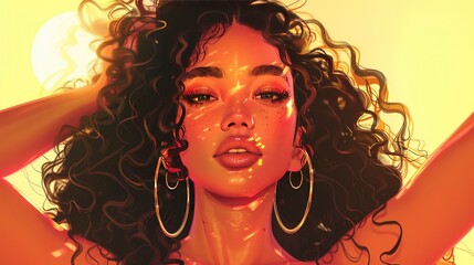 Close-up portrait of a woman with long, curly hair, large gold hoop earrings, and a soft, warm glow on her face.