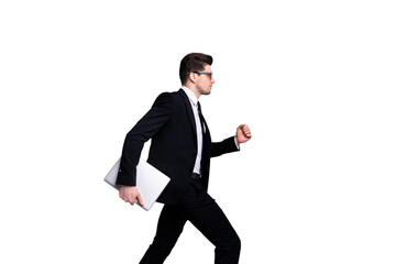 Profile side view portrait of nice chic attractive content guy carrying in hands laptop marketing...