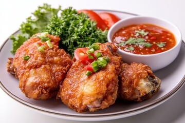 Fototapeta premium Pop Chicken, A unique Padang dish where chicken is boiled with spices until tender, then briefly fried before serving. Isolated on White Background