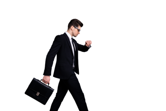 Profile side view portrait of his he nice classy chic attractive guy carrying diplomat marketing manager looking at minute late to office white collar shirt necktie isolated over light gray background