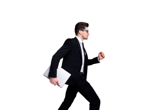 Profile side view portrait of nice chic attractive content guy carrying in hands laptop marketing manager executive leader expert development agent broker walking isolated over light gray background - Powered by Adobe