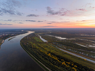 River at Sunset with Trees and Fields on the Shore, Perspective View