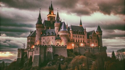 Majestic medieval castle with dramatic clouds.