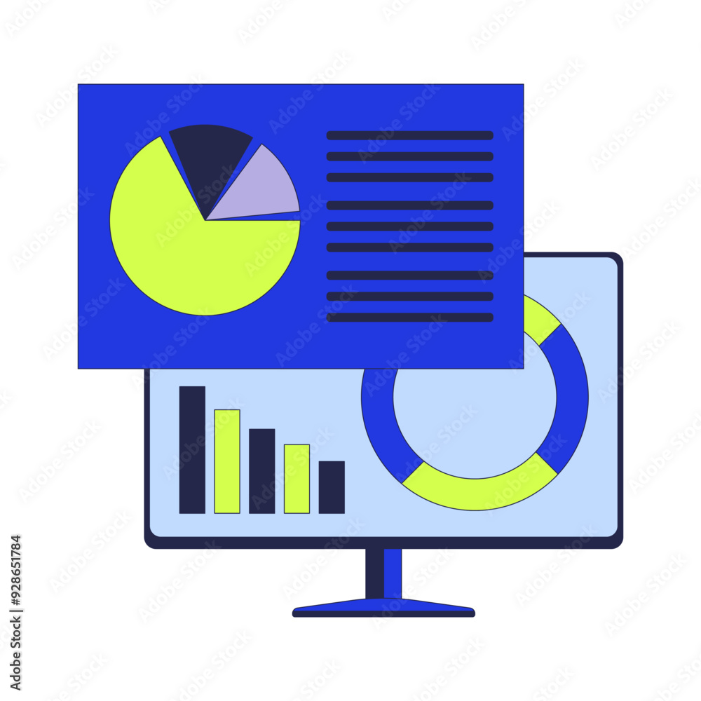 Poster computer analyzing data 2d cartoon object. pie chart graph. tech analytics desktop monitor isolated 