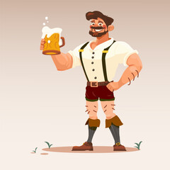 Vector illustration. Cheerful man with athletic body in lederhosen raises frothy beer mug with wide grin. Cartoon art style. Concept of food and drink, traditions, Oktoberfest, beverage.