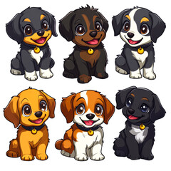 Fototapeta premium Six adorable cartoon puppies with different fur colors and happy expressions isolated on transparency PNG background, perfect for children's products, educational materials, or pet-related content,