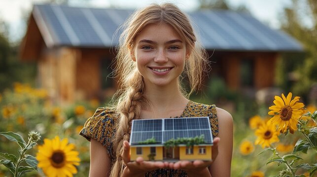 A young woman on a roof with solar panels is holding a model of a house equipped with photovoltaics.