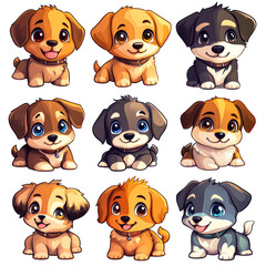 Obraz premium Adorable illustrations of various cartoon puppies with big eyes and expressive faces isolated on transparency PNG background, often used for children's products, educational materials