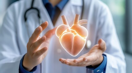 A doctor examines a holographic representation of a heart, displaying essential health information in the background of a high-tech medical environment