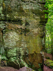 A large rock carving of a Celtic Cross almost 9 feet tall carved into the rock face at Dunino Den