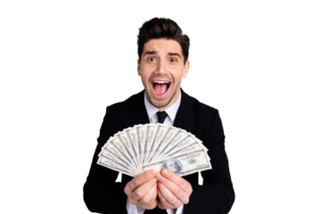 Close-up portrait of his he nice attractive cheerful ecstatic guy financier banker agent broker economist auditor accountant holding in hand currency sum cashback isolated over light gray background