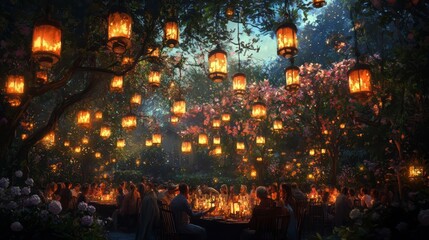 People having dinner in a magical forest illuminated by lanterns