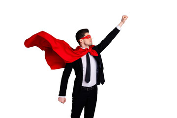 Portrait of his he nice classy attractive macho purposeful ready guy wearing bright super look outfit mantle accessory raising hand up service motivation isolated over light gray background © deagreez