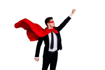 Portrait of his he nice classy attractive macho purposeful ready guy wearing bright super look outfit mantle accessory raising hand up service motivation isolated over light gray background