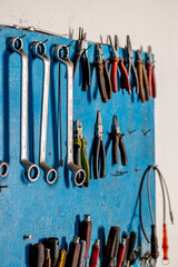 Closeup photo shoot of different nesessary tools and parts in every man's garage.Auto check up and...
