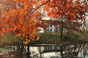 Obraz premium Autumn landscape - autumn trees with red leaves near the pond and old house on the background in sunny weather -autumn landscape, soft focus processing