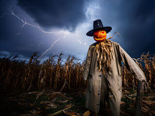 Eerie scarecrow under Halloween lightning