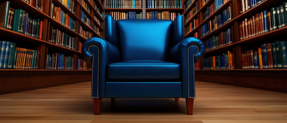 Cozy blue armchair in a library, surrounded by shelves filled with books, creating a warm and inviting ambiance for reading.