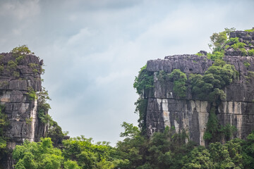 Aerial view of Trang An UNESCO World Heritage Site, with Ngo Dong mountain in Ninh Binh, Viet Nam.