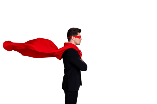 Profile side view portrait of his he nice classy elegant attractive candid strong ready to rescue cool guy wearing bright super look outfit accessory isolated over light gray background