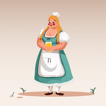 Vector illustration. Smiling, blonde woman with braids, dressed in traditional Bavarian attire, holds frothy beer mug. Cartoon art style. Concept of alcohol drink, traditions, Oktoberfest, celebration