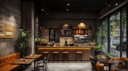 Modern coffee shop interior design showing bar, tables and menu