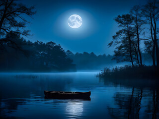 Ghostly rowboat drifting on foggy lake