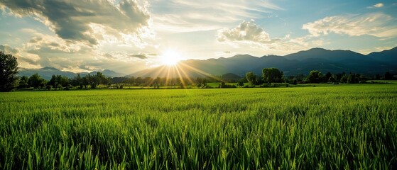 A serene landscape showcasing lush green fields under a vibrant sunset with majestic mountains in the background.